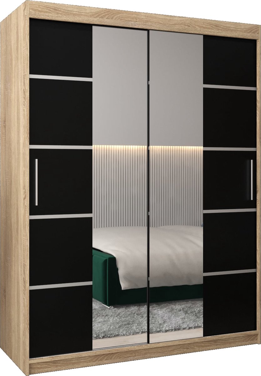 InspireME Kledingkast met 2 schuifdeuren, Modern-stijl, Kledingkast met planken (BxHxD): 150x200x62 - VENTILA IV 150 Sonoma Eik + Zwart Mat