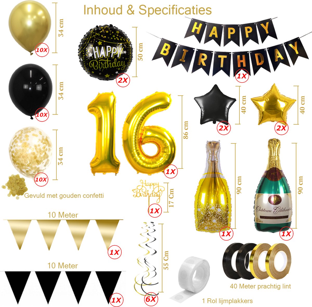 16 Jaar Feest Verjaardag Versiering Confetti Helium Ballonnen Slingers Happy Birthday Goud & Zwart Decoratie – 60 Stuks — afbeelding 2