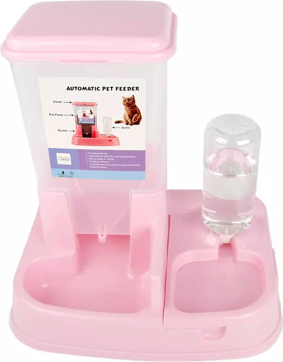 3-in-1 Kattenvoer- & Waterbakset Roestvrijstaal - Verhoogd Met Waterdispenser