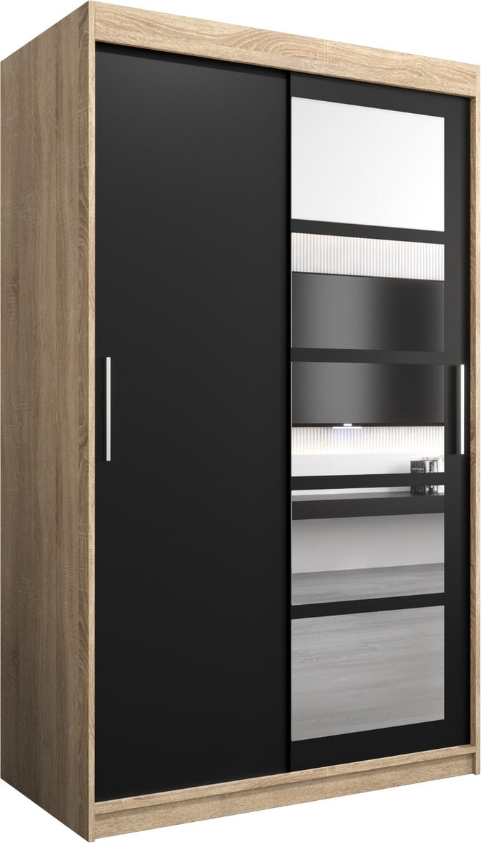InspireMe - Kledingkast met 2 schuifdeuren, Modern-stijl, Een kledingkast met planken en een spiegel (BxHxD): 120x200x62 - VENEZIA I 120 Sonoma Eik + Zwart Mat