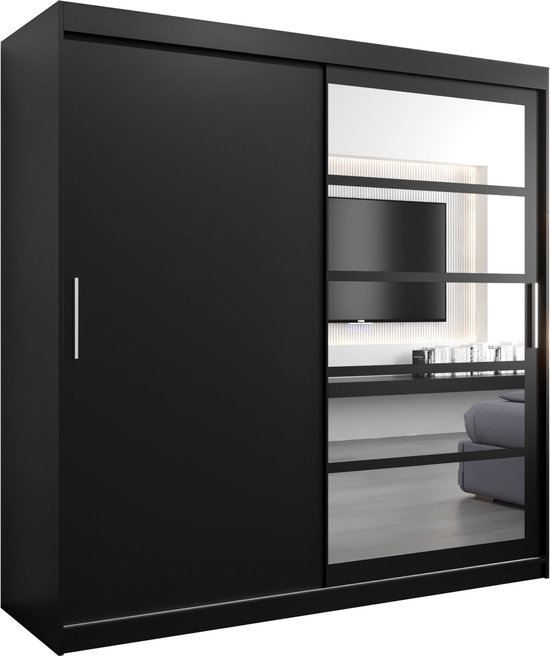 InspireMe - Kledingkast met 2 schuifdeuren, Modern-stijl, Een kledingkast met planken en een spiegel (BxHxD): 200x200x62 - VENEZIA I 200 Zwart Mat