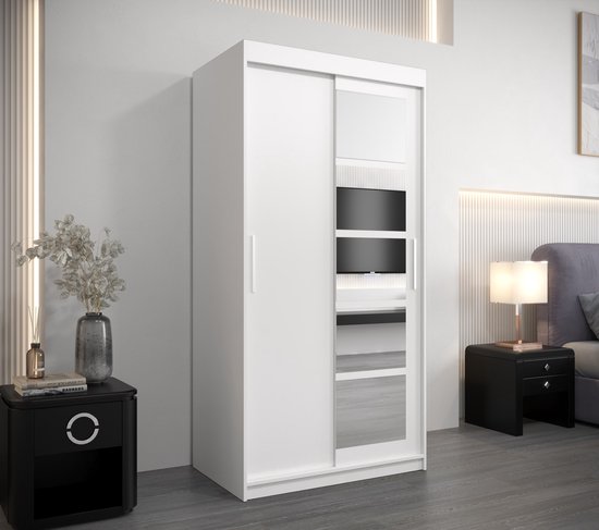 InspireMe - Armoire à 2 portes coulissantes, Style moderne, Une armoire avec des étagères et un miroir (LxHxP): 100x200x62 - VENEZIA I 100 Wit Mat