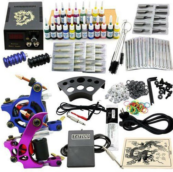 Tatoeage set met 2 tattoo machines, 20x verschillende kleuren inkt, 50