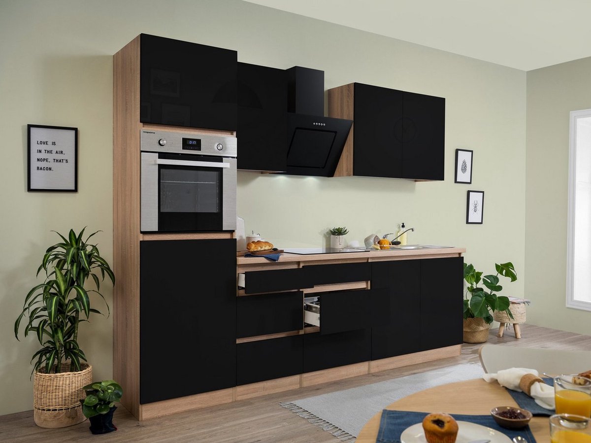 Goedkope keuken 270  cm - complete keuken met apparatuur Lorena  - Eiken/Zwart - soft close - keramische kookplaat    - afzuigkap - oven    - spoelbak