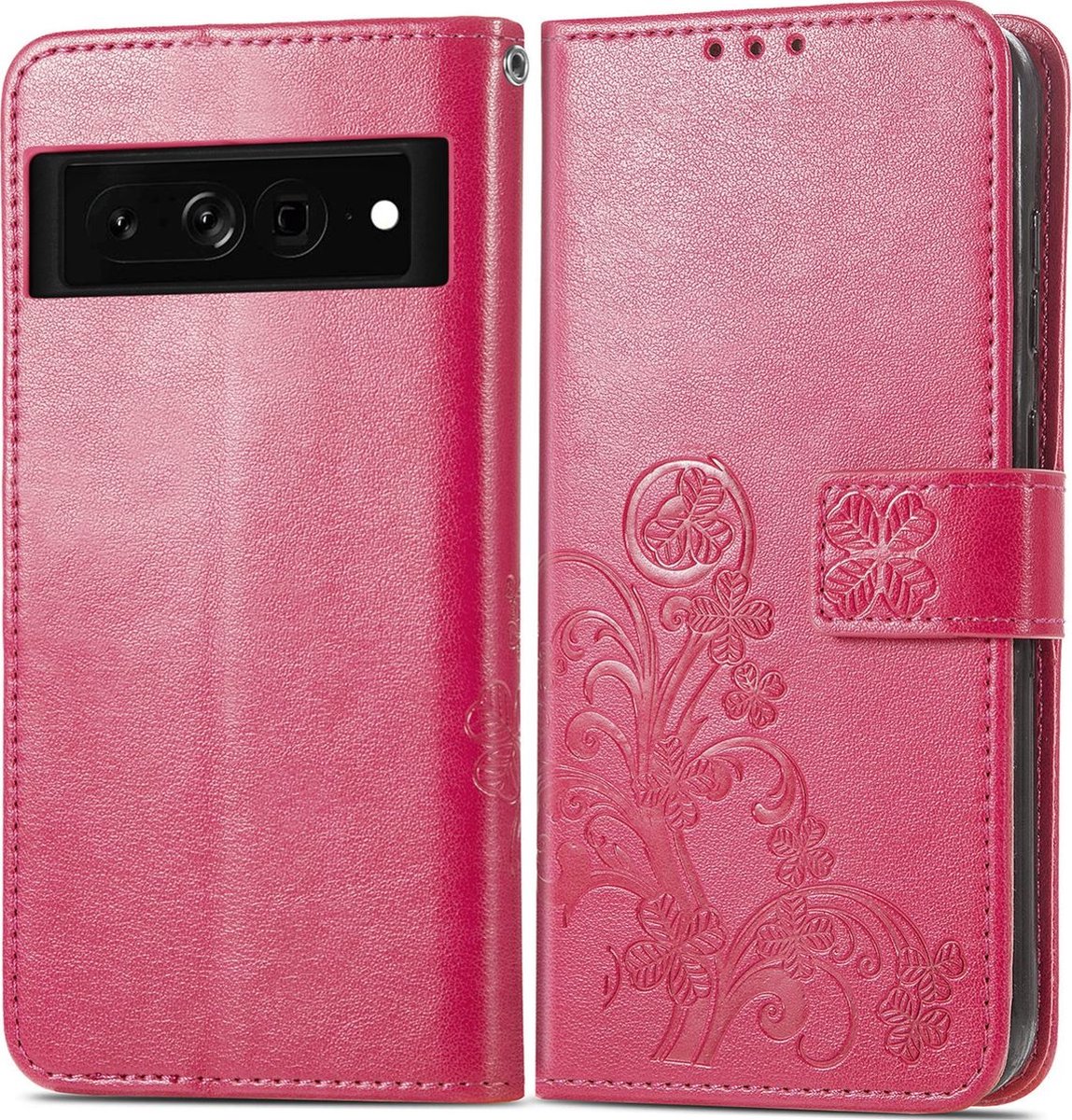 Mobigear Telefoonhoesje geschikt voor Google Pixel 7 Hoesje | Mobigear Clover Bookcase Portemonnee | Pasjeshouder voor 3 Pasjes | Telefoonhoesje voor Pinpas / OV Kaart / Rijbewijs - Magenta