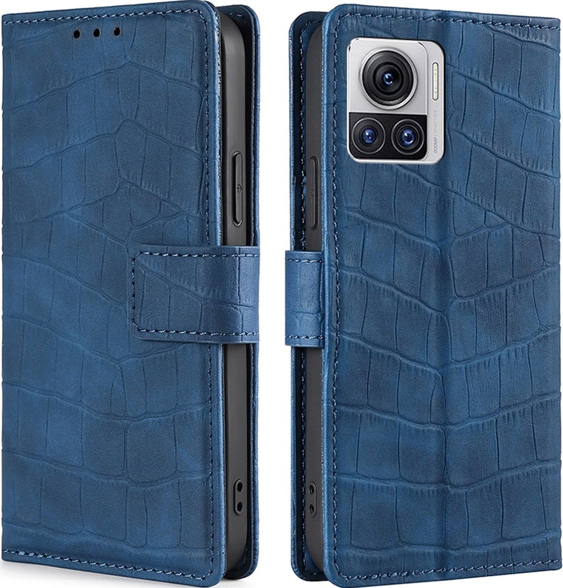 Mobigear Telefoonhoesje geschikt voor Motorola Edge 30 Ultra Hoesje | Mobigear Croco Bookcase Portemonnee | Pasjeshouder voor 3 Pasjes | Telefoonhoesje voor Pinpas / OV Kaart / Rijbewijs - Blauw