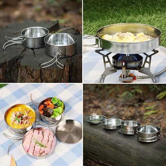 4-delig Camping Pannenset - Outdoor Pannenset - RVS - Ultra Compact & Lichtgewicht (450g) - Outdoor Kookset voor 1-2 Personen - Inklapbare Handgrepen - voor Kamperen & Backpacken - Zilver — afbeelding 2