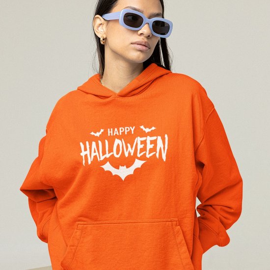 Halloween Hoodie - Happy Halloween Oranje (MAAT S - UNISEKS FIT) - Halloween kostuum voor volwassenen - Dames & Heren