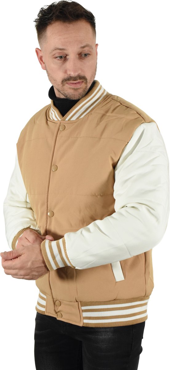 FRILIVIN - Winterjas Heren Varsity - Beige - Warme College Winter Jacket - Gewatteerde Jack Baseball - Jas Voor Mannen - Maat L