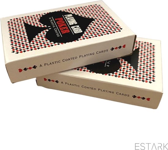Thumbnail van een extra afbeelding van het spel ESTARK Luxe Speelkaarten - 2 sets - Plastic Coating - Poker Kaarten - kaartspel - Spelkaarten - Spel Kaart - 2 x 56 - Gezelschapsspel - Spelen - Playing Cards - Cijfer In Alle 4 De Hoeken - 2 STUKS