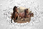 Fotobehang - Vlies Behang - Paarden uit de Bakstenen Muur - 3D - 368 x 254 cm
