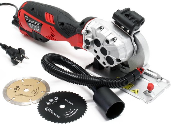 DOVAMAN Mini circular saw 710 W 115 mm w/laser 3500 rpm metal auxiliary handle 43 mm (90°), cutting depth 29 mm (45°), 6 saw blades, ideal for wood, soft metal, plastic