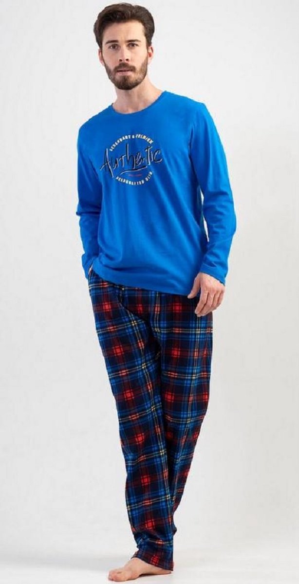 Vienetta Pyjama Heren Volwassenen Katoen | Lange Mouw Lange Broek | Geruit patroon | Blauw XL