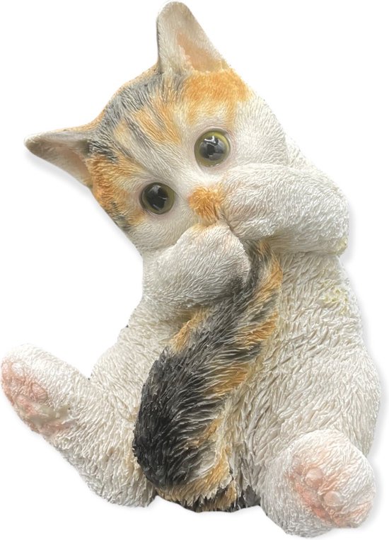 Poes - Kat - Kitten - Speelt met eigen staart - Decoratie - Beeld - Polystone - 13x13x18cm
