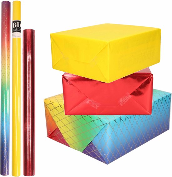 lobby Rennen Geometrie 9x Rollen kraft inpakpapier regenboog pakket - regenboog/metallic rood/geel  200 x... | bol.com