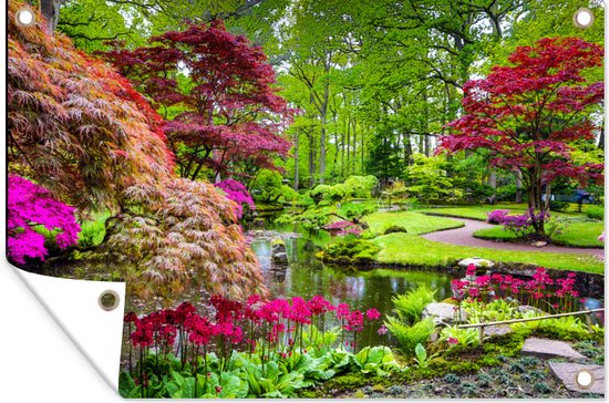 Tuindecoratie Bomen - bloemen - Japans - Natuur - Water - 60x40 cm - Tuinposter - Tuindoek - Buitenposter