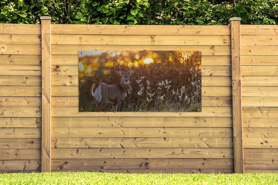 Décoration murale extérieure Cerf - Plantes - Coucher de soleil - Animaux sauvages - Nature - 160x80 cm - Toile jardin - Poster extérieur