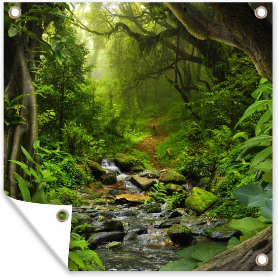 Tuinposter 100x100 cm - Tuindecoratie Natuur - Water - Jungle - Bos - Tropisch - Poster voor in de tuin - Buiten decoratie - Schutting tuinschilderij - Tuindoek muurdecoratie - Wanddecoratie balkondoek