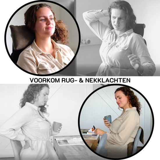Vrouw met rug- en nekklachten, zittend in een stoel met kussen.