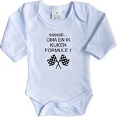 La Petite Couronne Romper Lange Mouw "ssssstt Oma en ik kijken Formule 1" Unisex Katoen Wit/zwart Maat 56