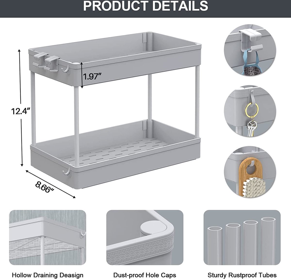 SKYSER Organisateur Sous Evier Cuisine Rangement Sous Evier 2 étages, Avec 4 Crochets, 8