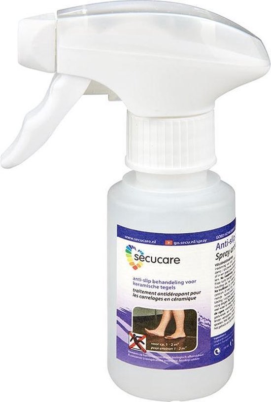 Secucare anti-slip spray fles met afbeelding van voeten op tegels. Tekst in Nederlands en Frans.
