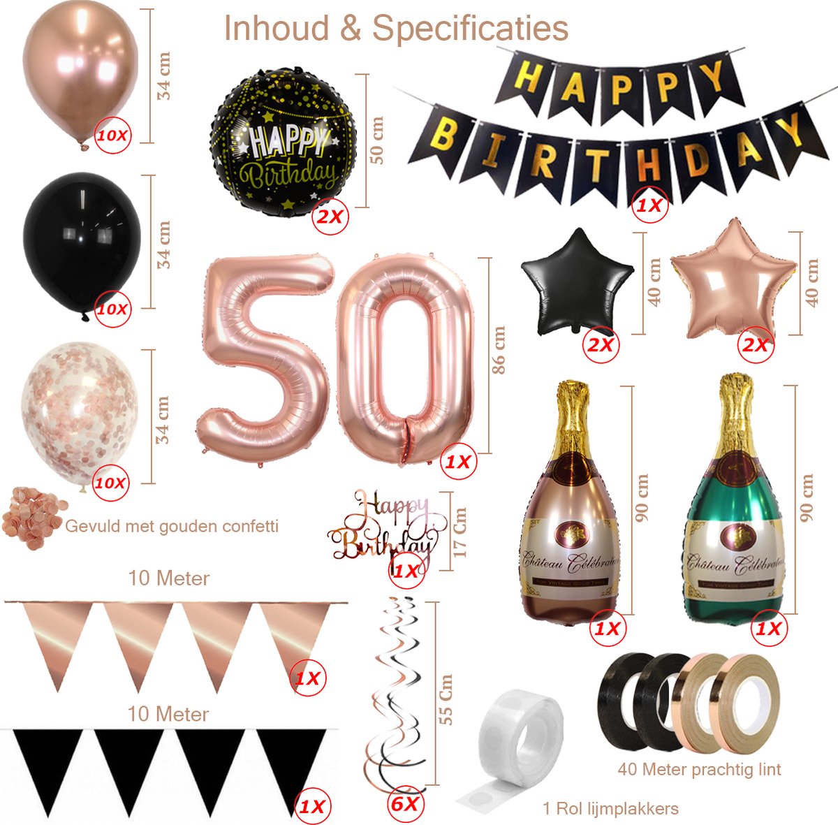 50 Jaar Abraham & Sarah Feest Verjaardag Versiering Confetti Helium Ballonnen Slingers Rose Goud & Zwart Decoratie – 60 Stuks — afbeelding 2