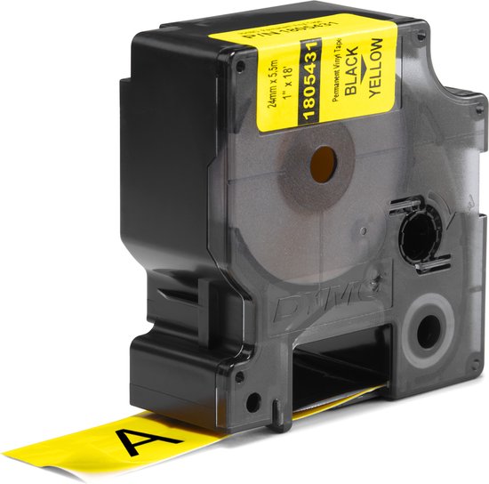 DYMO labelcassette met zwarte opdruk op gele tape, 24 mm breed. De tape heeft de tekst 'A'.