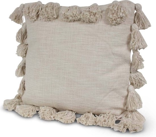 Sierkussen à Pompons Tissé Main Blanc Ivoire