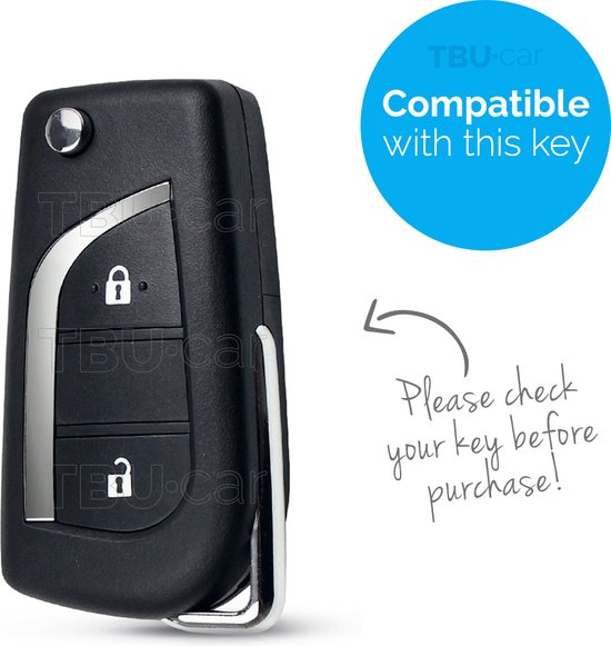 Zwarte autosleutel met zilverkleurige randen en logo's voor vergrendelen en ontgrendelen. "Compatible with this key" staat in een blauwe cirkel.