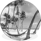 WallCircle - Wandcirkel - Muurcirkel - Hangmat op strand van Dominicaanse Republiek zwart-wit - Aluminium - Dibond - ⌀ 140 cm - Binnen en Buiten