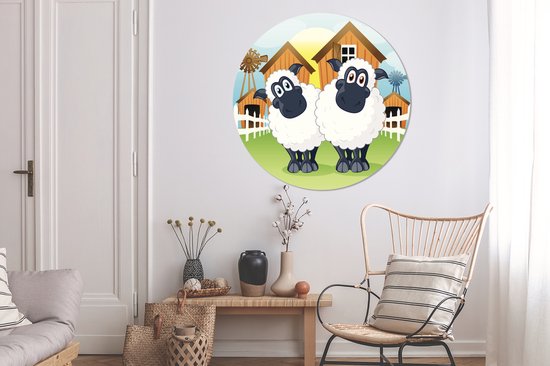 Une illustration de deux moutons devant une ferme. Cercle mural en aluminium ⌀ 140 cm