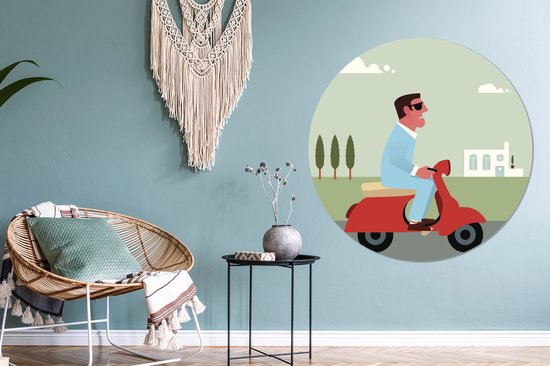 Illustration d'un homme sur un mur Vespa rouge cercle aluminium ⌀ 140 cm