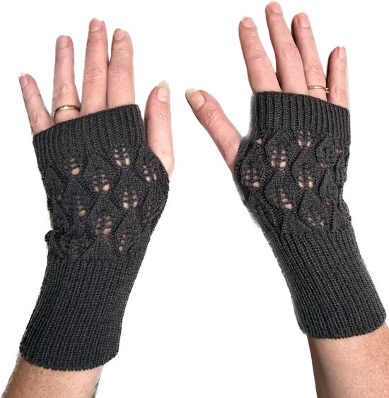 Vingerloze opengewerkte gebreide Handschoenen - Polswarmers Donker Grijs - Dames
