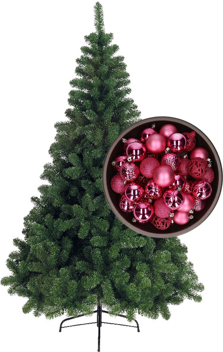 Bellatio Decorations kerstboom H180 cm - met kerstballen fuchsia roze