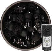 Boules de Boules de Noël Decoris - 37x pièces - 6 cm - avec guirlande de perles - noir - plastique