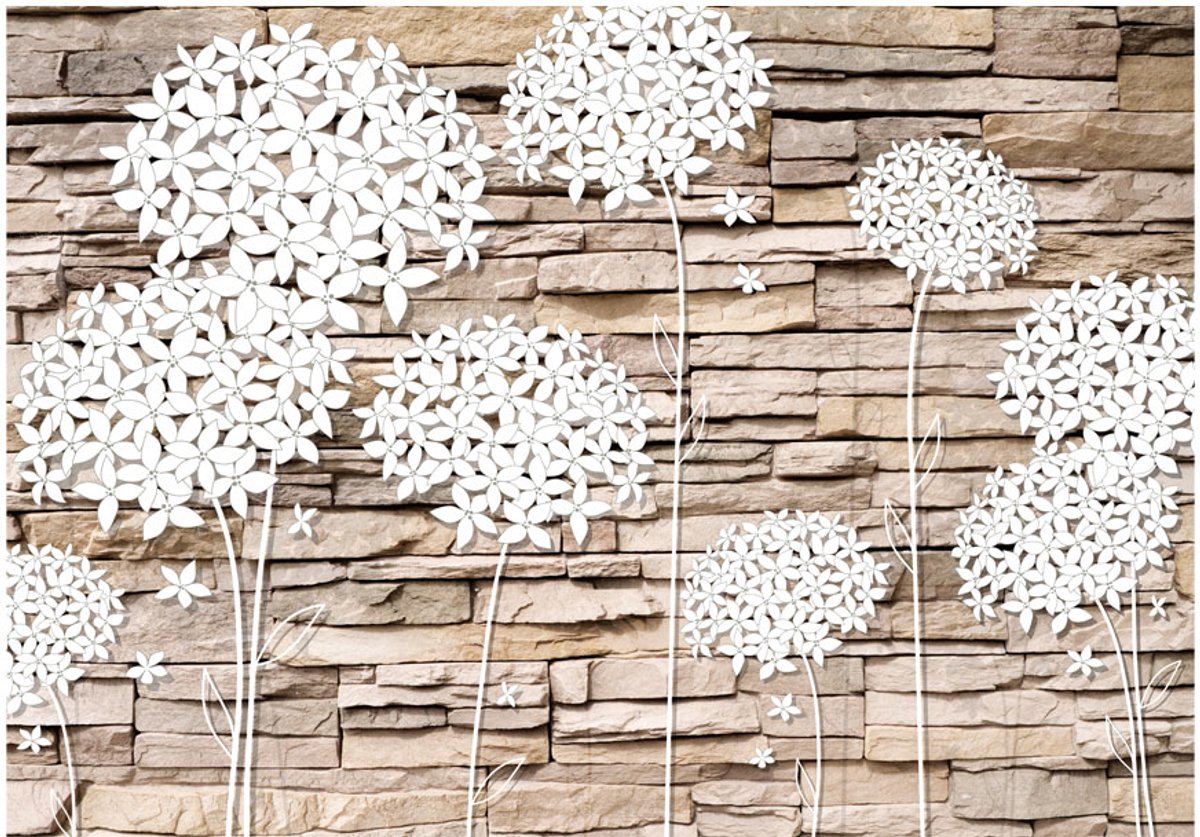 Fotobehangkoning - Behang - Vliesbehang - Fotobehang Stenen en Bloemen - Flowers on the Stone - 400 x 280 cm