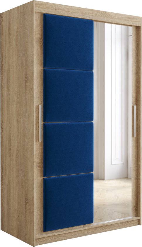 InspireMe - Kledingkast met 2 schuifdeuren, Modern-stijl, Kledingkast met planken, Kastfronten met spiegel en gestoffeerde panelen (BxHxD): 120x200x62 - TAPILA 120 - Sonoma Eik + Blauw met 2 lades