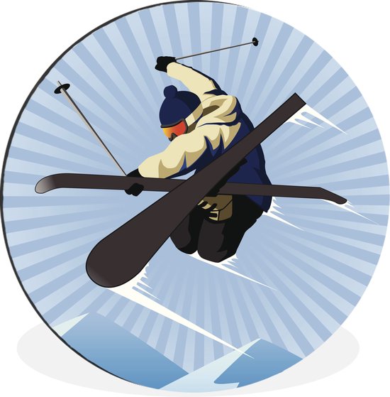 WallCircle - Wandcirkel - Muurcirkel - Een skiër doet een truc in de lucht van een illustratie - Aluminium - Dibond - ⌀ 60 cm - Binnen en Buiten