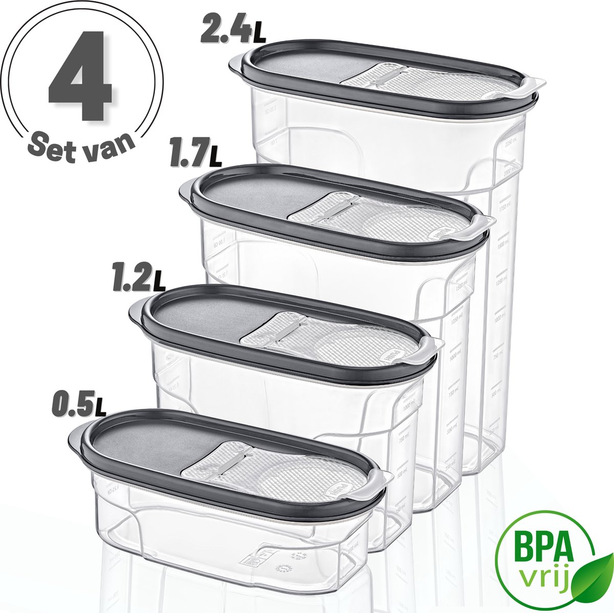 Voorraadpotten Set van 4 - met grijze deksel Voorraadbussen - Vershouddoos - 4 Stuks - 0.5, 1.2, 1.7, 2.4L - BPA vrij - Kunststof
