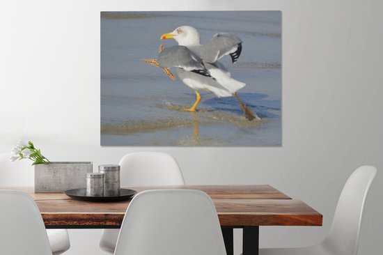 Une image d'un goéland argenté attrapant une étoile de mer Toile 80x60 cm - Tirage photo sur toile (Décoration murale salon / chambre)