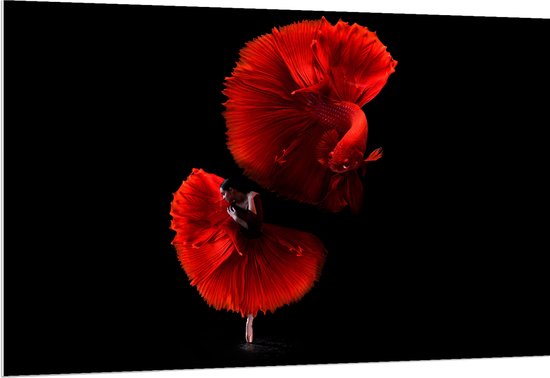WallClassics - PVC Schuimplaat - Danser met Rode Jurk en Vis - 150x100 cm Foto op PVC Schuimplaat (Met Ophangsysteem)