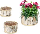 Relaxdays Bloempot - set van 3 - bloembak - berkenhout - plantenpot - rond - wit/naturel