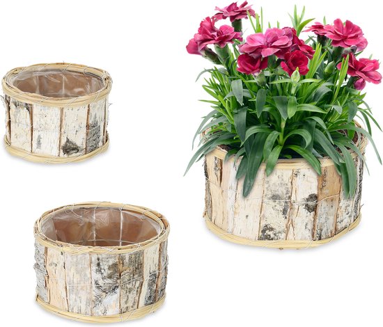 Relaxdays Pot de fleurs - lot de 3 - bac à fleurs - bois de bouleau - cache- pot - rond... | bol