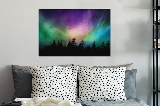Canvas schilderij 60x40 cm - Wanddecoratie Noorderlicht - Sterrenhemel - Bos - Canada - Muurdecoratie woonkamer - Slaapkamer decoratie - Kamer accessoires - Schilderijen op canvas
