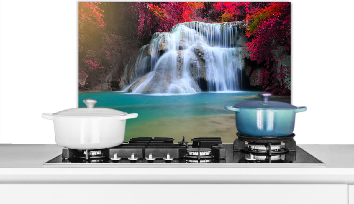 Spatscherm keuken 60x40 cm - Kookplaat achterwand Waterval - Bomen - Rood - Landschap - Natuur - Muurbeschermer - Spatwand fornuis - Hoogwaardig aluminium