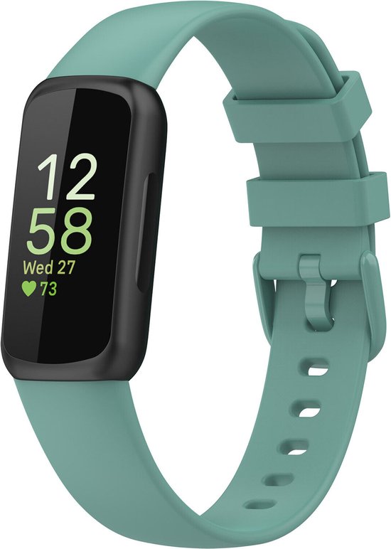 Groen siliconen horlogebandje met zwart display, met gesp en metalen pinnetjes.