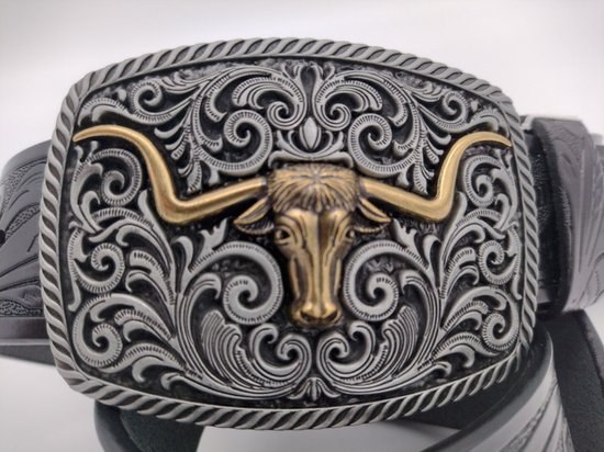 RR22-85.zw.130 : goudkl Texas Longhorn op tin/loodkleurig Buckle, zwart Leren Riem, zwart half longhorn Skull & Flower deco, 130cm