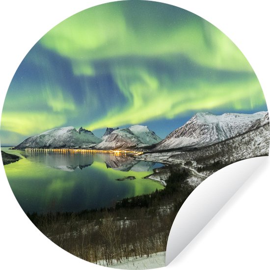 WallCircle - Stickers muraux - Cercle de papier peint - Aurores boréales - Fjord - Norvège - 80x80 cm - Cercle mural - Autocollant - Autocollant de papier peint rond