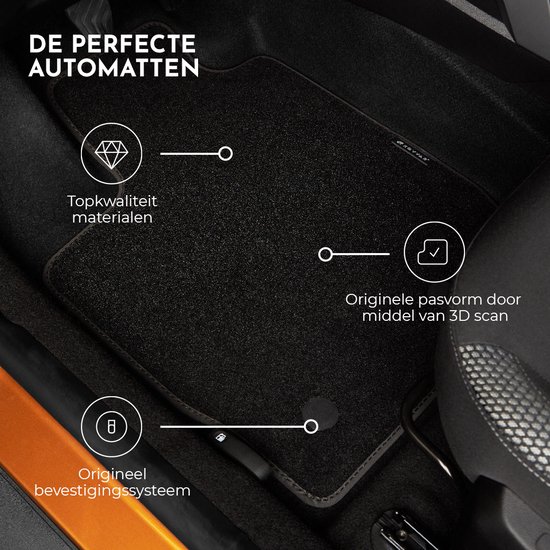 Tapis de sol noir dans une voiture, avec texte sur la qualité et l'ajustement.